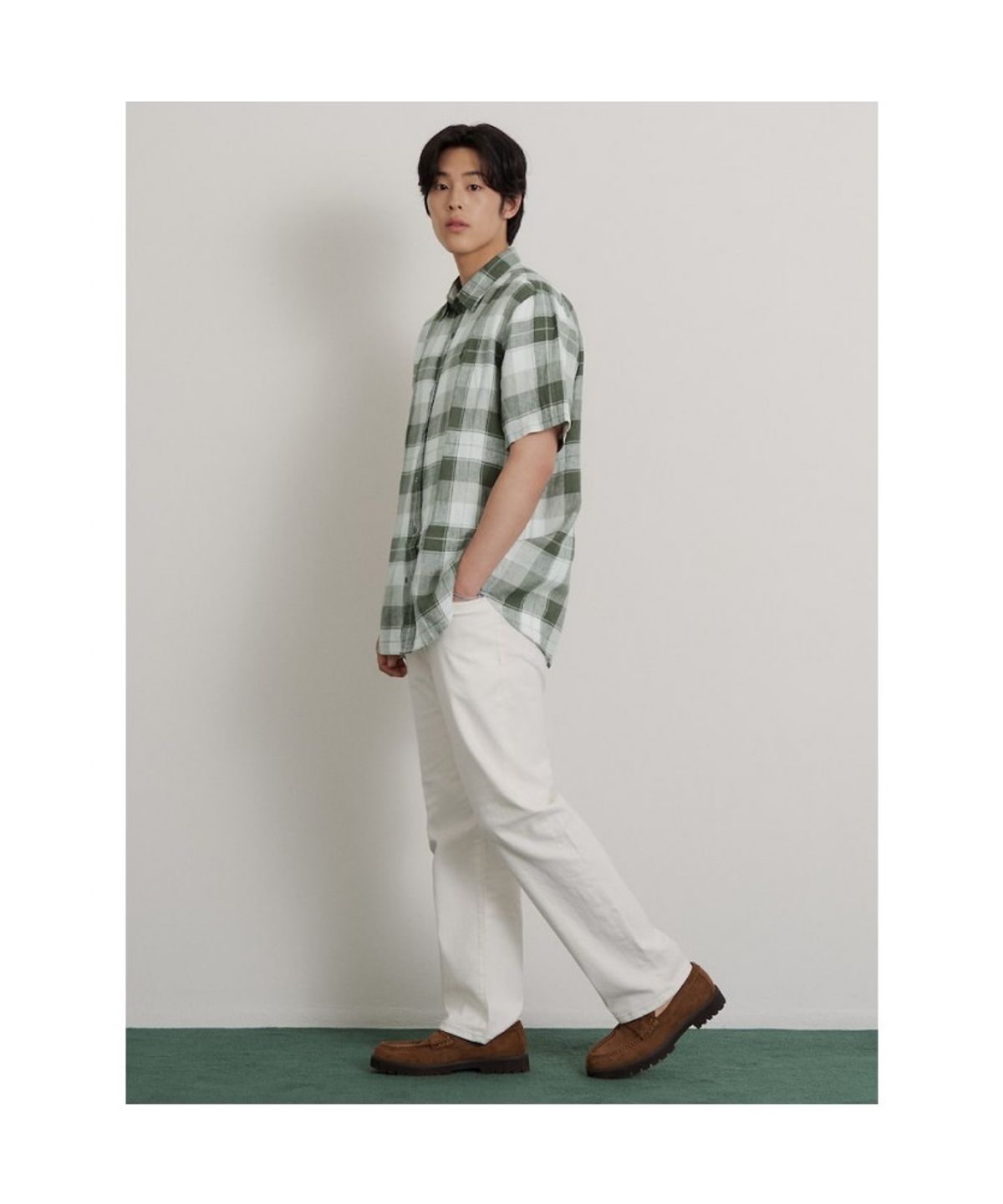 빈폴 멘(BEANPOLE MEN) 리넨 미디엄 체크 반소매 셔츠  카키