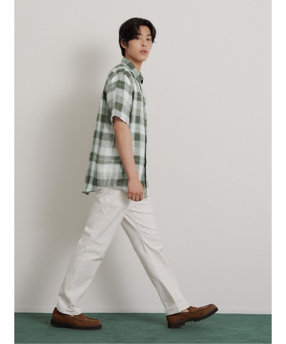 빈폴 멘(BEANPOLE MEN) 리넨 미디엄 체크 반소매 셔츠  카키