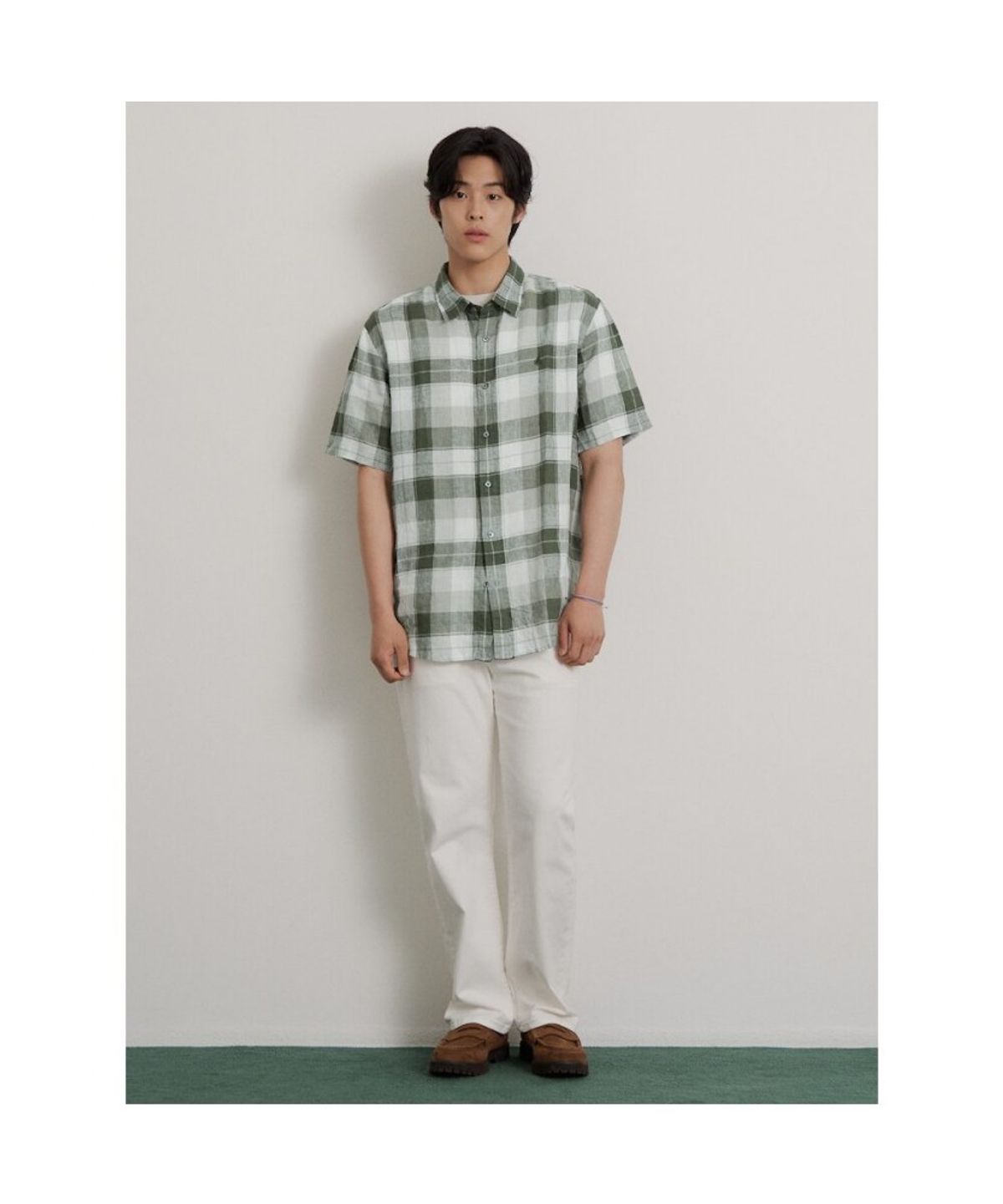 빈폴 멘(BEANPOLE MEN) 리넨 미디엄 체크 반소매 셔츠  카키