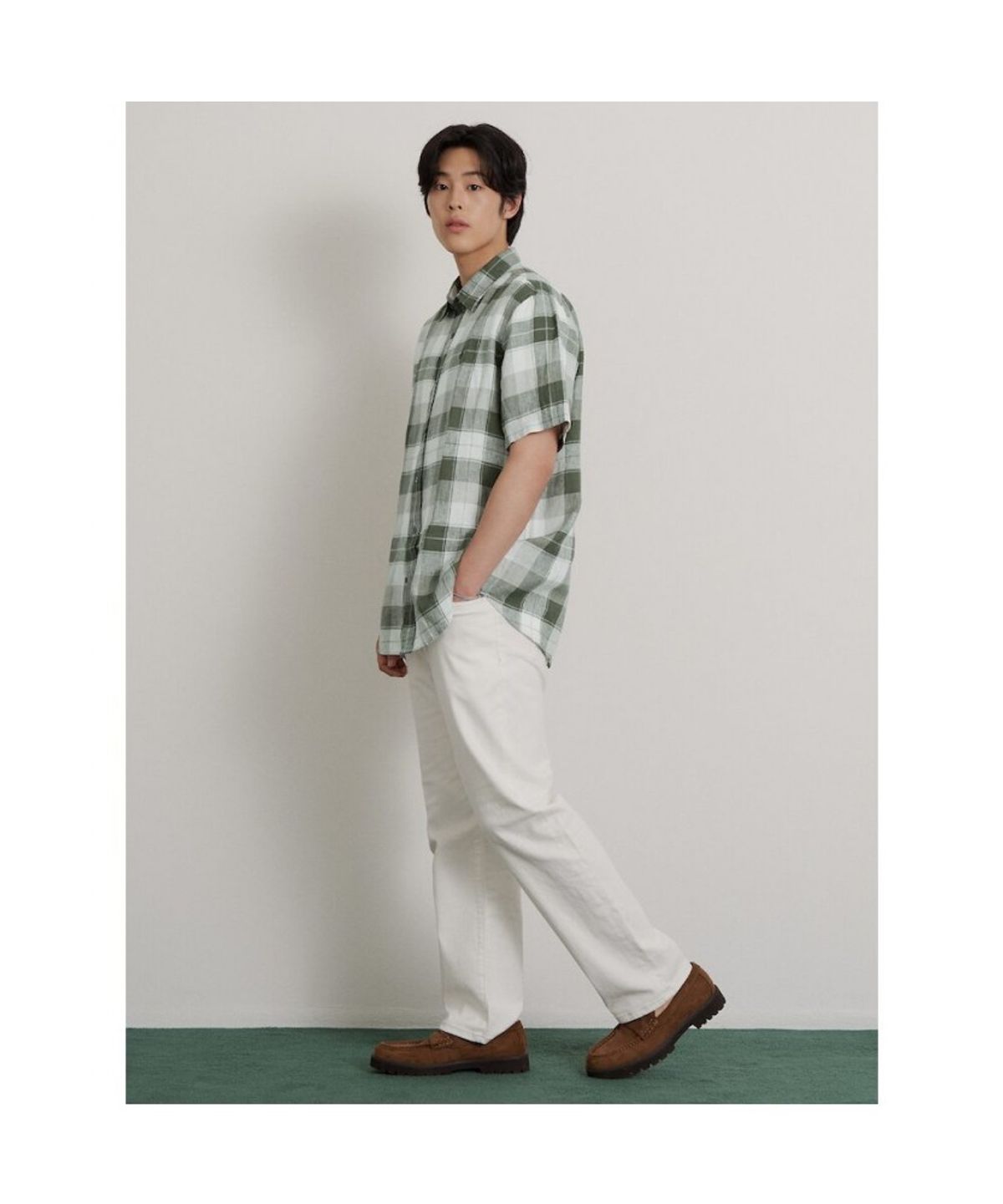 빈폴 멘(BEANPOLE MEN) 리넨 미디엄 체크 반소매 셔츠  카키