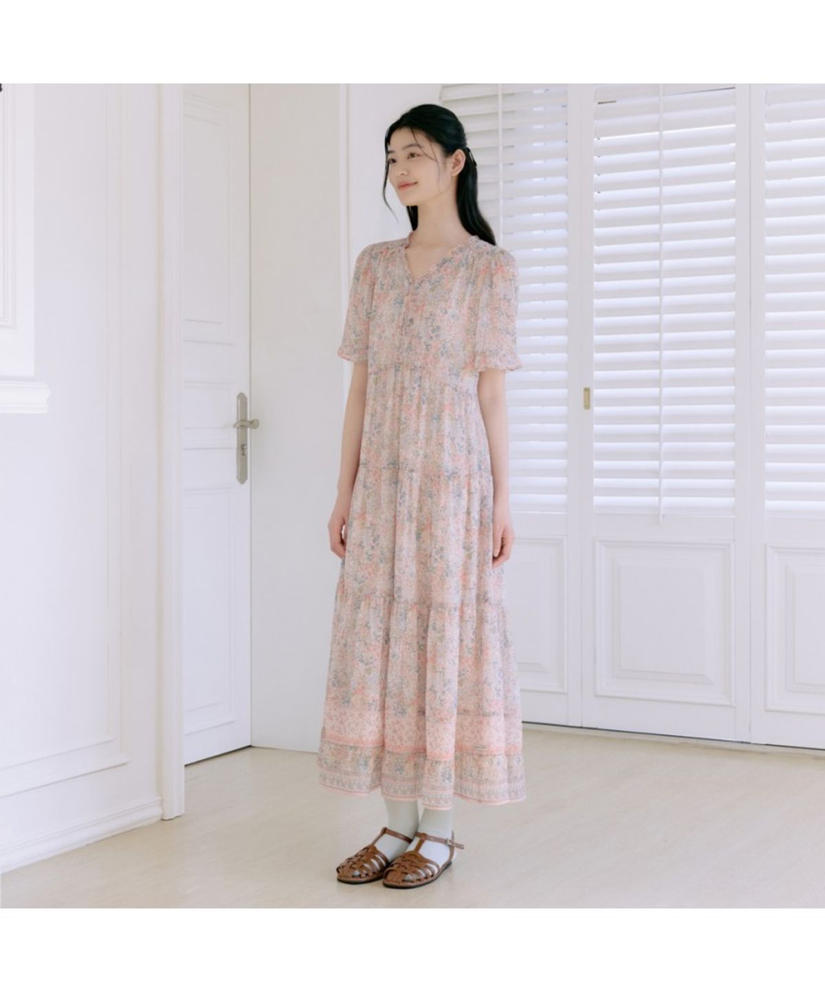 써스데이 아일랜드(THURSDAY ISLAND) 플라워 보더 믹스 프릴 원피스_T264MOP245W