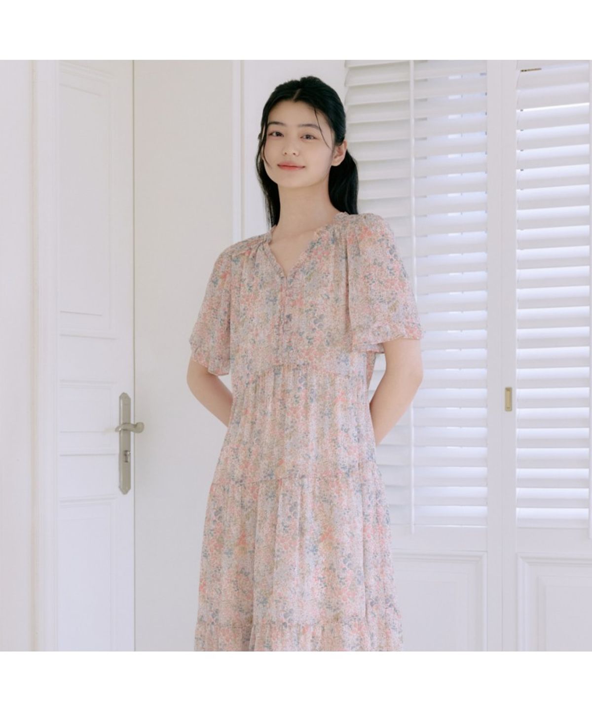 써스데이 아일랜드(THURSDAY ISLAND) 플라워 보더 믹스 프릴 원피스_T264MOP245W