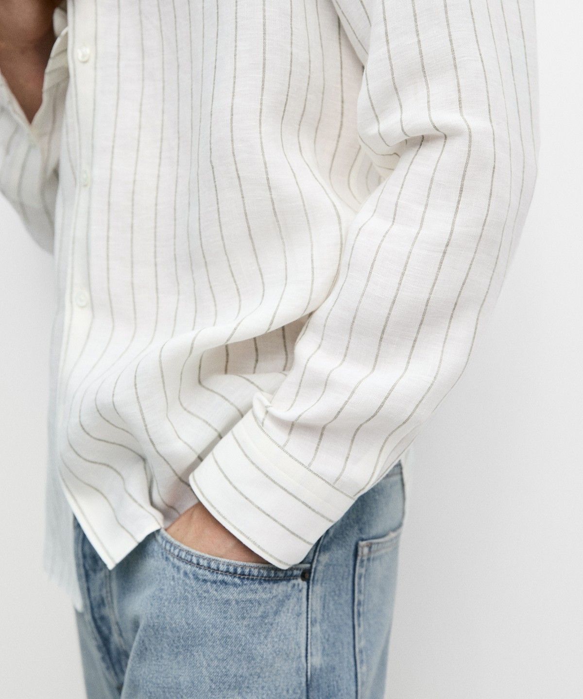 마시모두띠(MASSIMO DUTTI) 100% 린넨 스트라이프 스탠드 칼라 셔츠