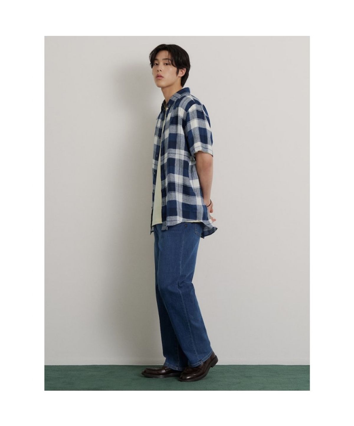 빈폴 멘(BEANPOLE MEN) 리넨 미디엄 체크 반소매 셔츠  네이비