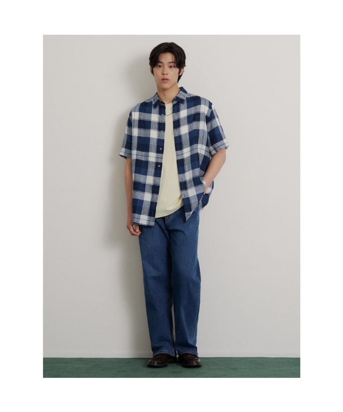 빈폴 멘(BEANPOLE MEN) 리넨 미디엄 체크 반소매 셔츠  네이비