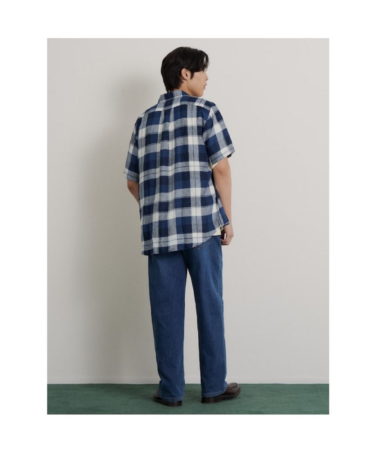 빈폴 멘(BEANPOLE MEN) 리넨 미디엄 체크 반소매 셔츠  네이비