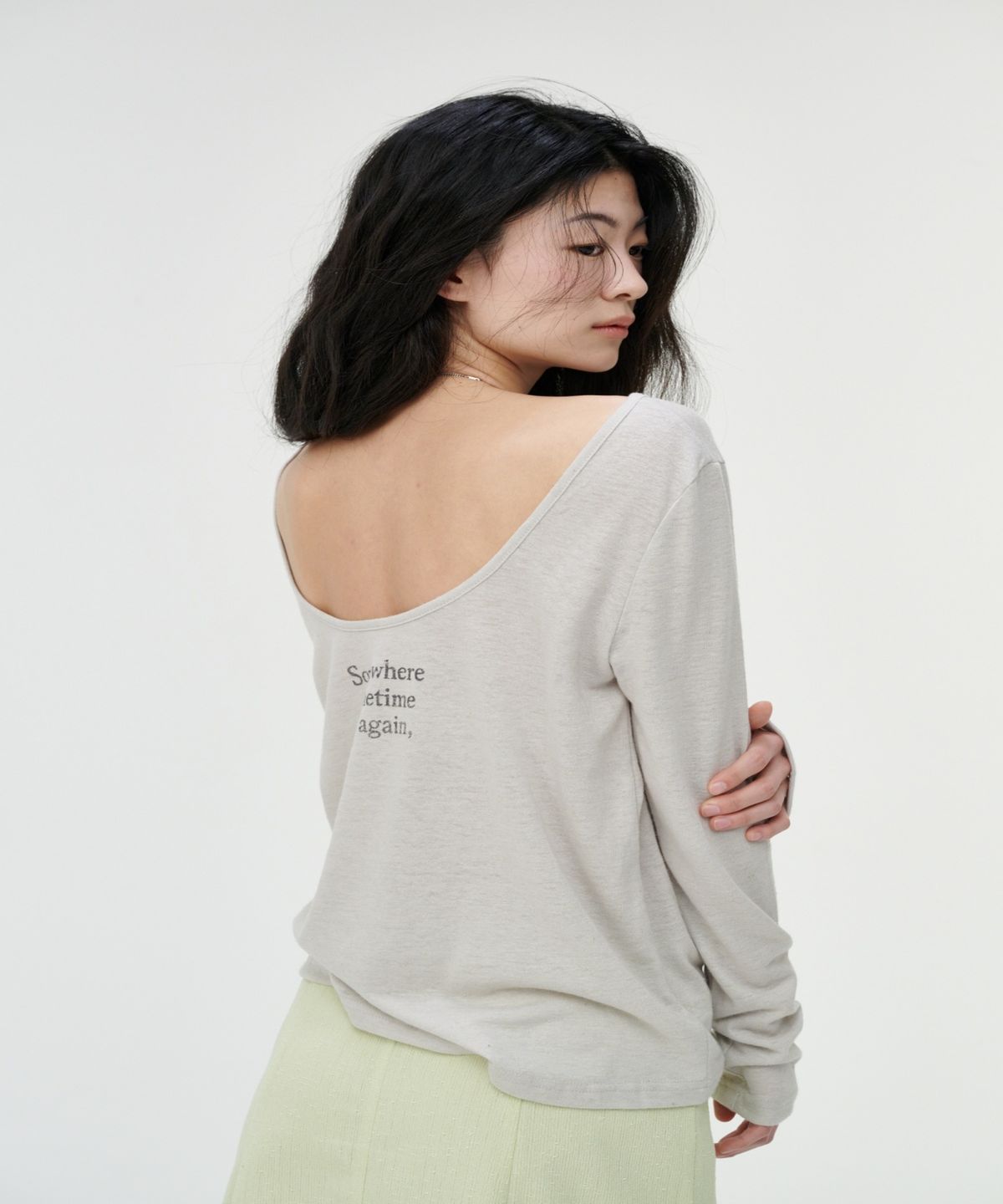 까롯(CARROTTE) Natural Linen Blend Printed T-shirt, Ash Grey
