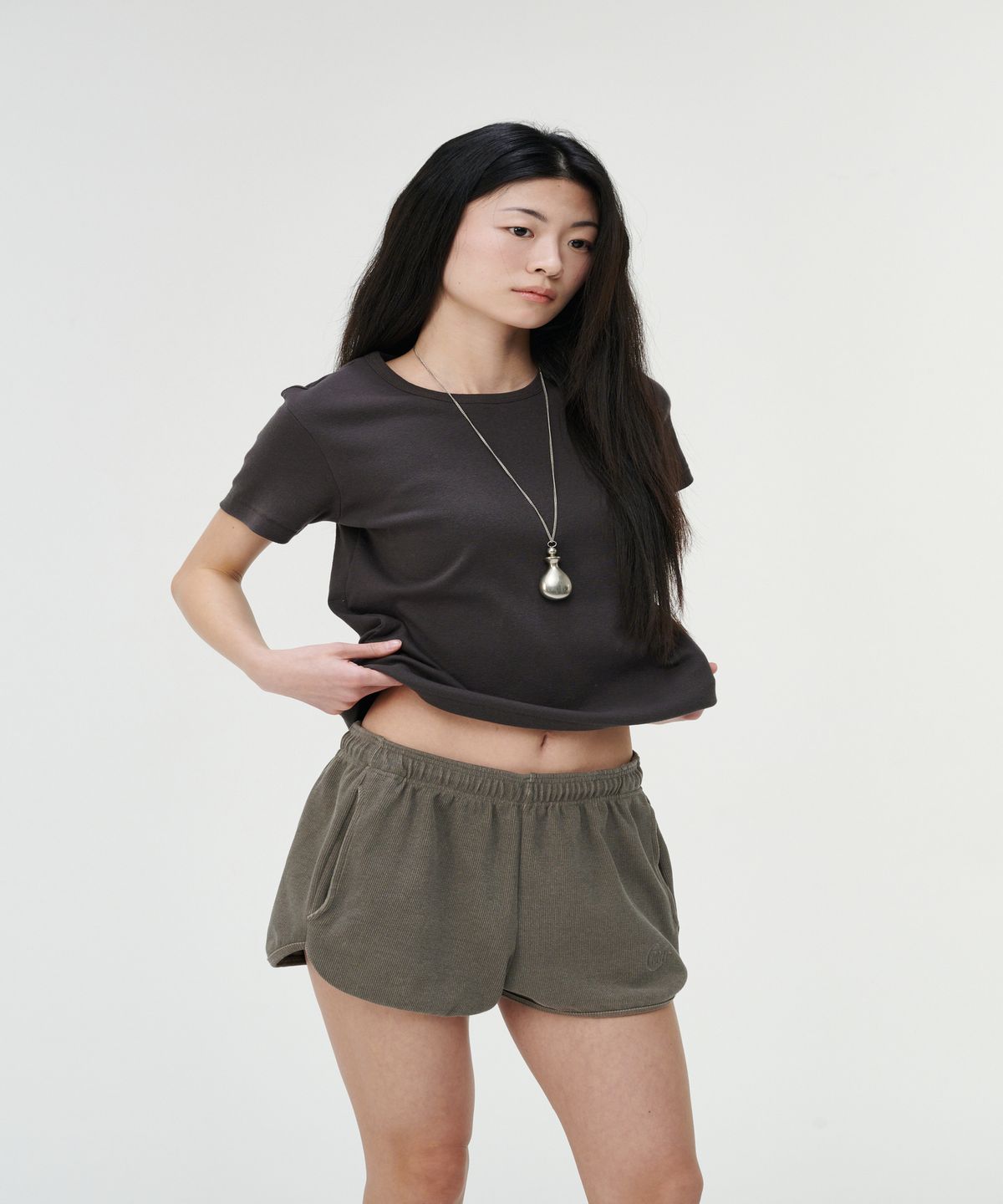 까롯(CARROTTE) Vintage Slub Cotton Ribbed Tee, Charcoal