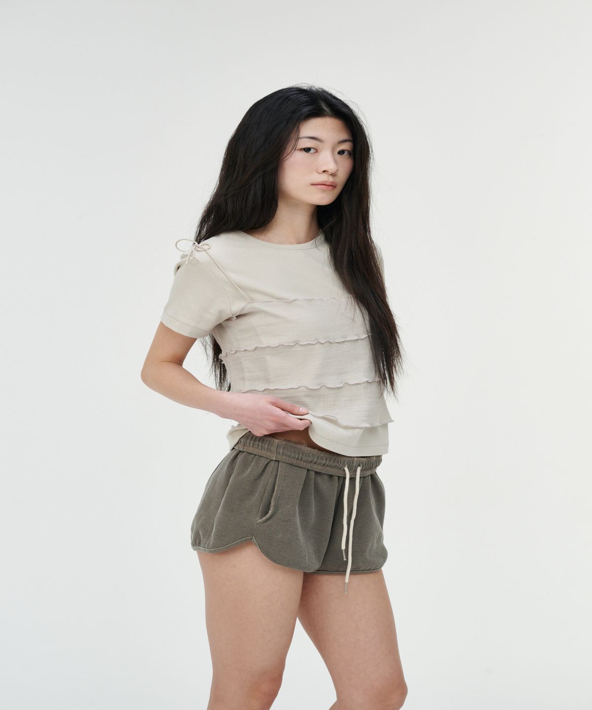 까롯(CARROTTE) Vintage Slub Cotton Ribbed Tee, Beige