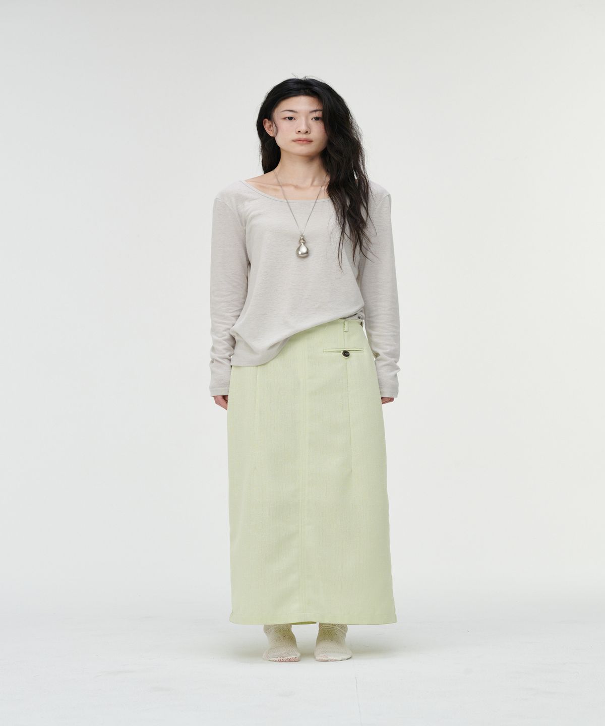 까롯(CARROTTE) Summer Tweed Raw-Edge Skirt, Lime