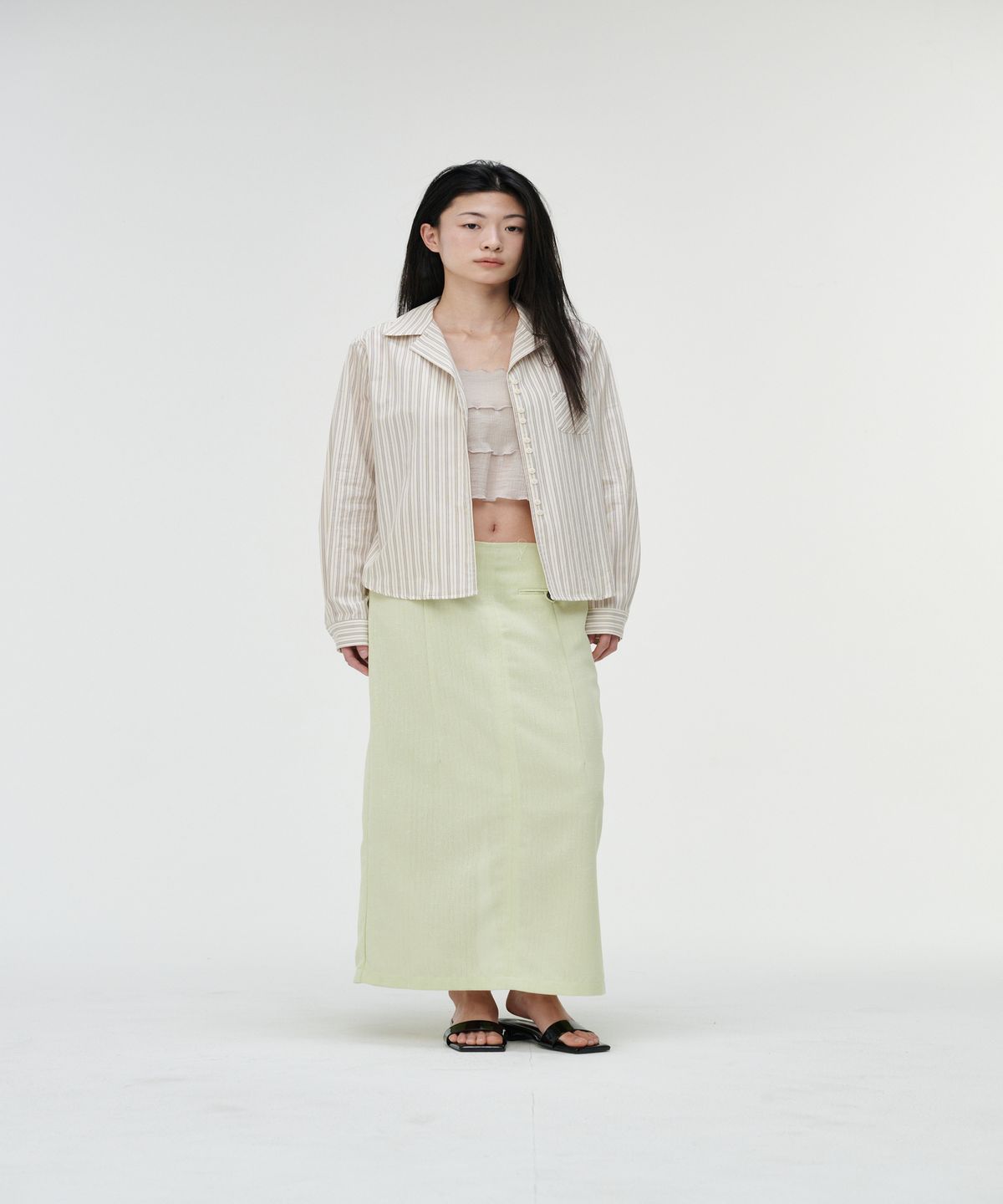 까롯(CARROTTE) Summer Tweed Raw-Edge Skirt, Lime