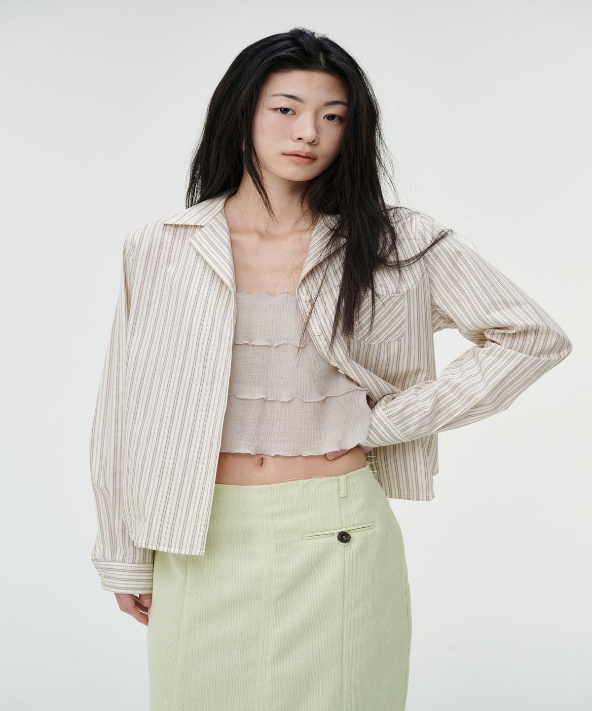 까롯(CARROTTE) Summer Tweed Raw-Edge Skirt, Lime