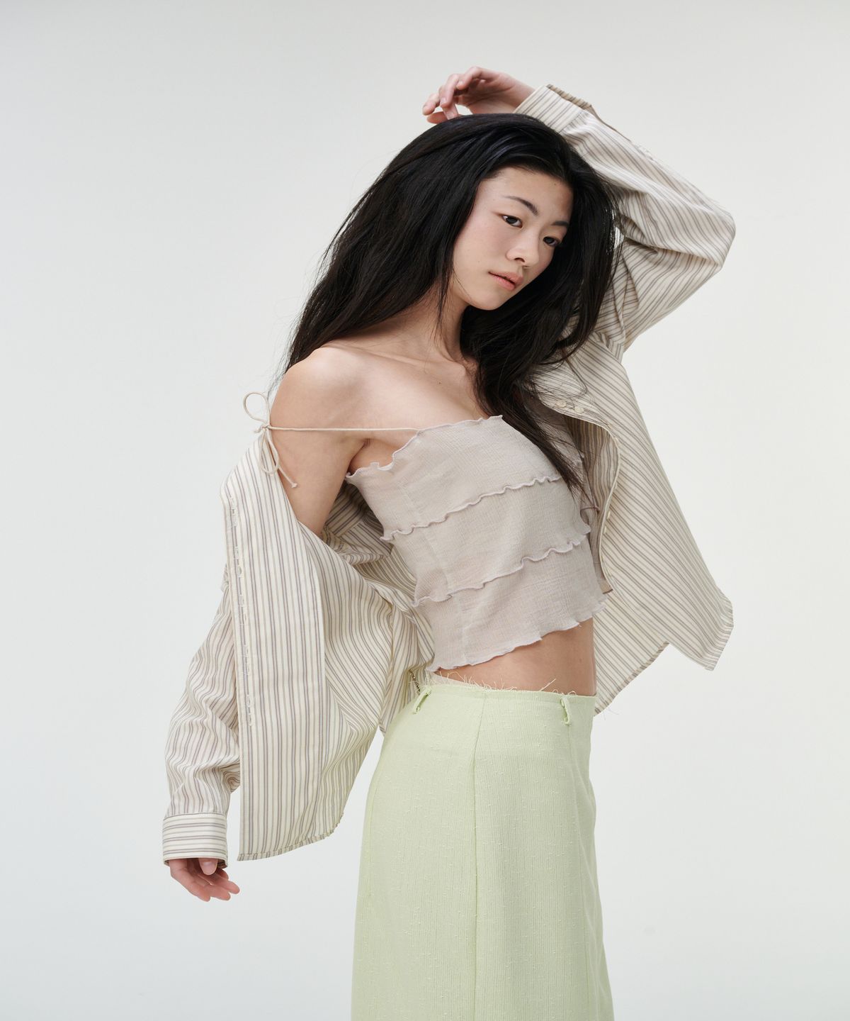 까롯(CARROTTE) Peanut Muted Stripe Blouse, Ivory Stripe
