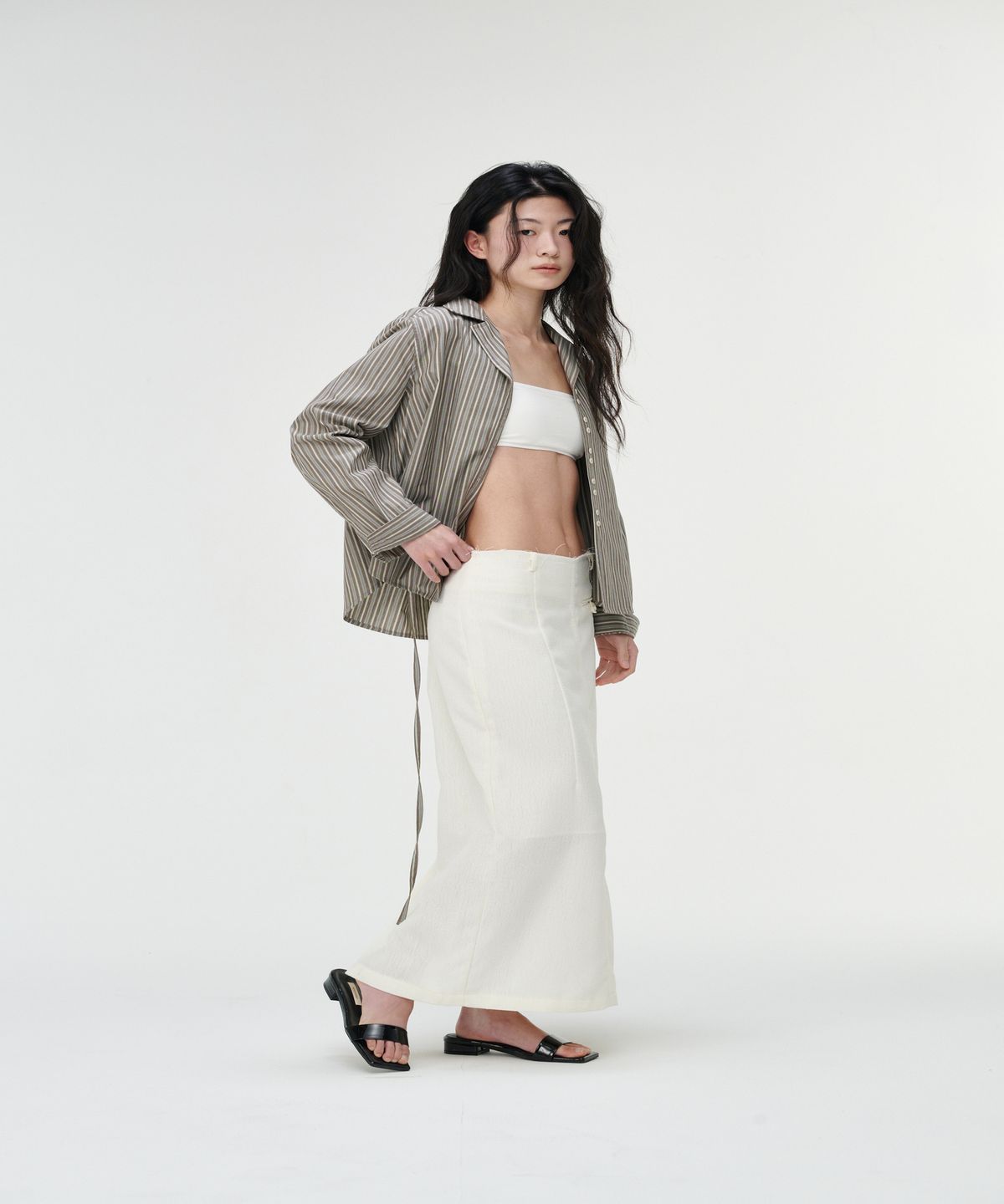 까롯(CARROTTE) Peanut Muted Stripe Blouse, Chestnut Stripe