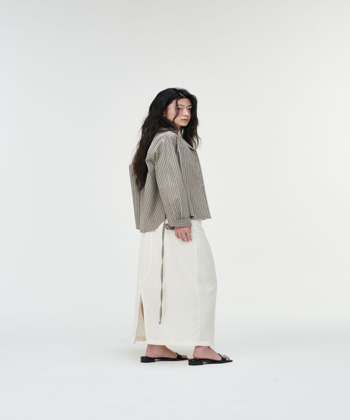 까롯(CARROTTE) Peanut Muted Stripe Blouse, Chestnut Stripe