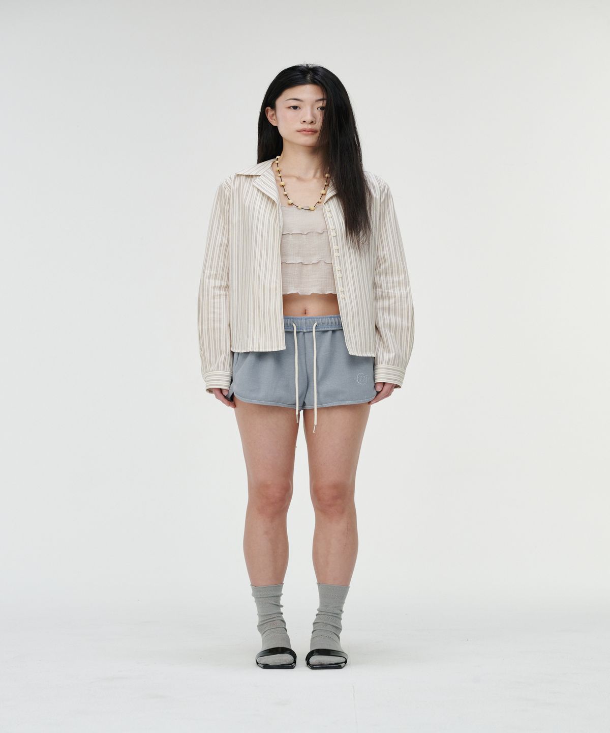 까롯(CARROTTE) Pigment Ribbed Logo Shorts, Dusty Blue