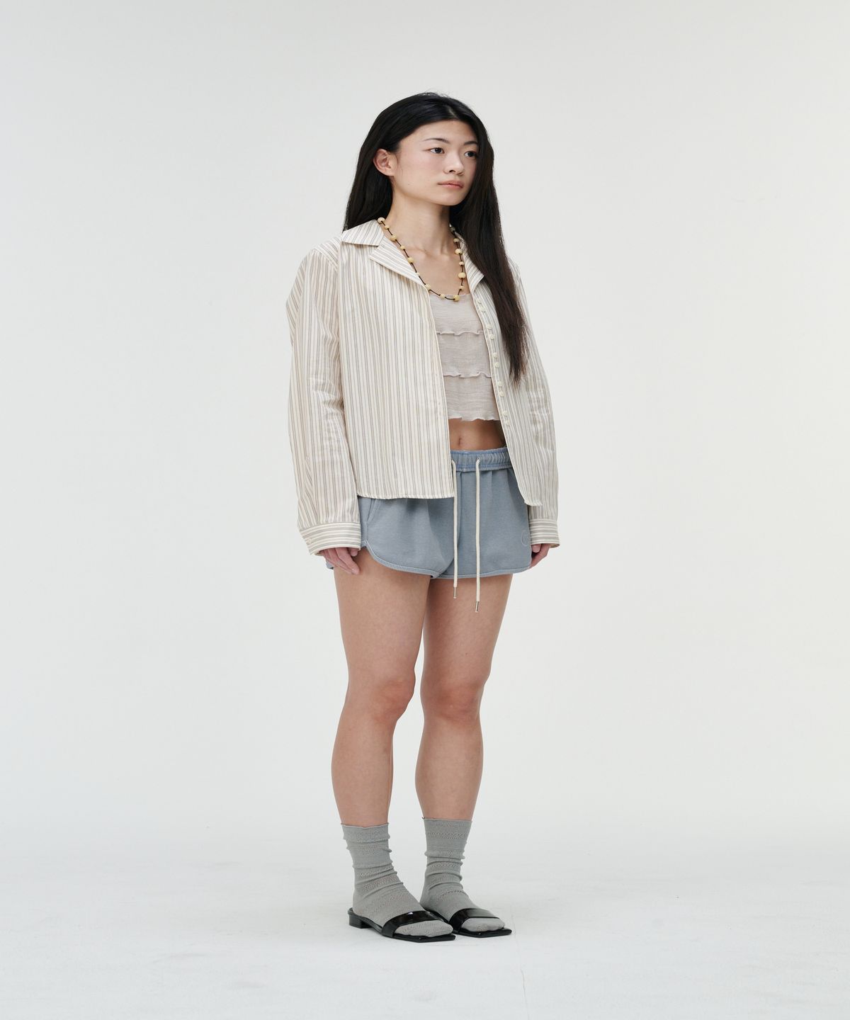 까롯(CARROTTE) Pigment Ribbed Logo Shorts, Dusty Blue