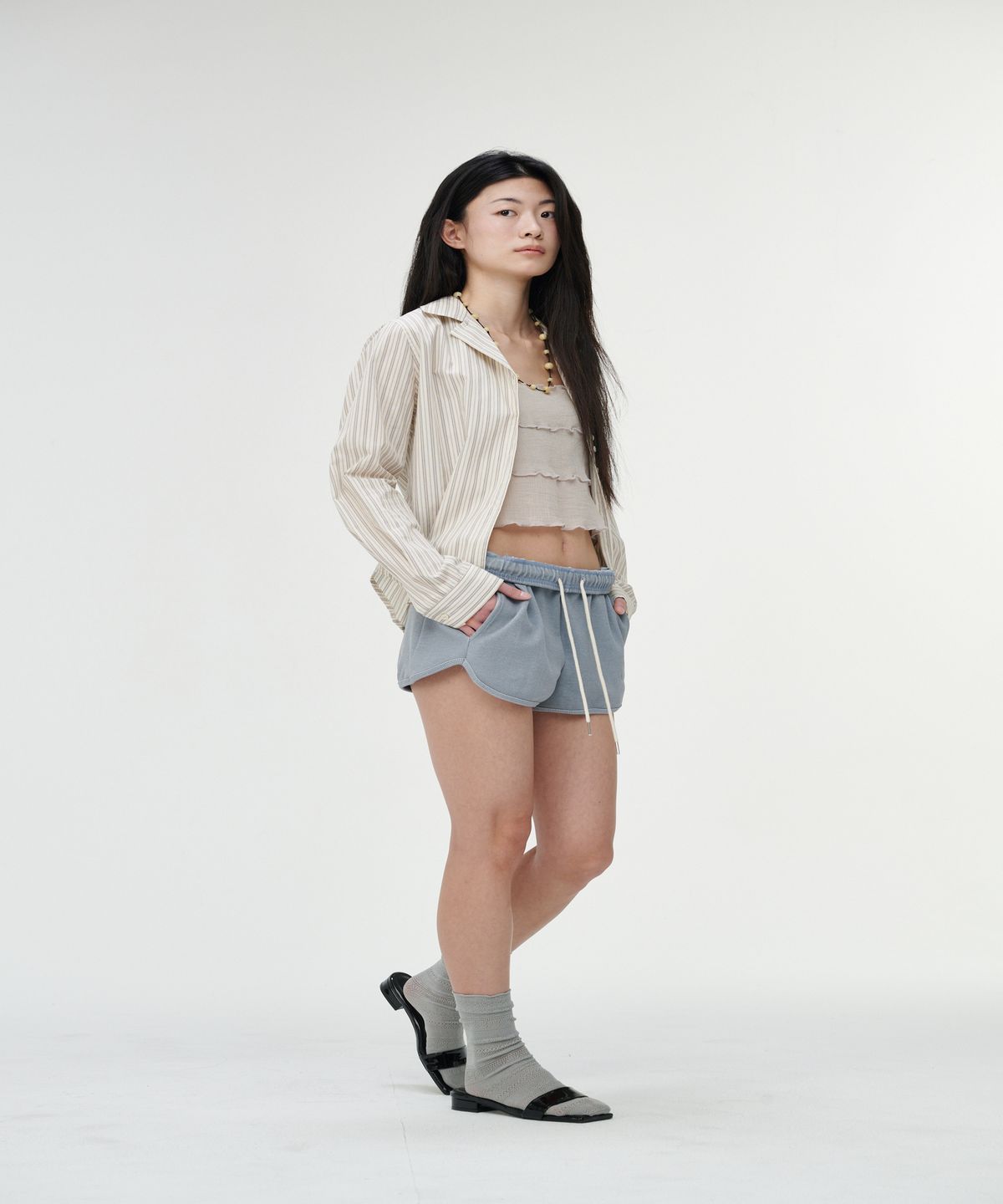 까롯(CARROTTE) Pigment Ribbed Logo Shorts, Dusty Blue