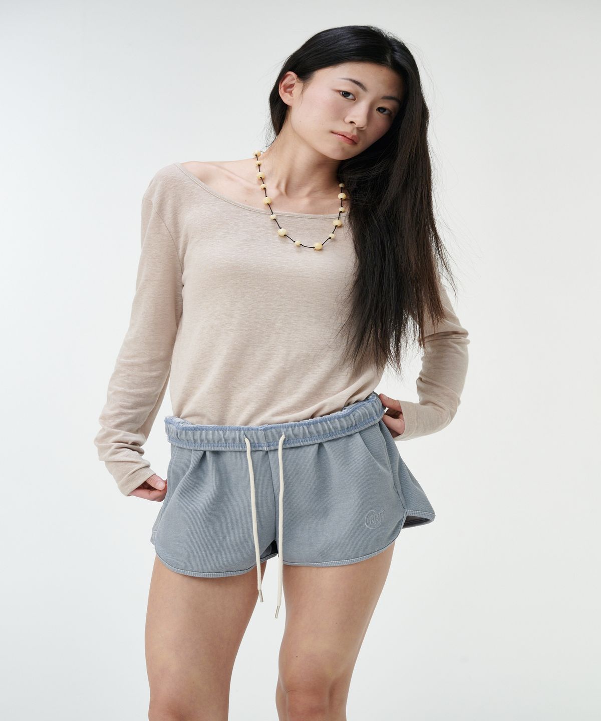까롯(CARROTTE) Pigment Ribbed Logo Shorts, Dusty Blue