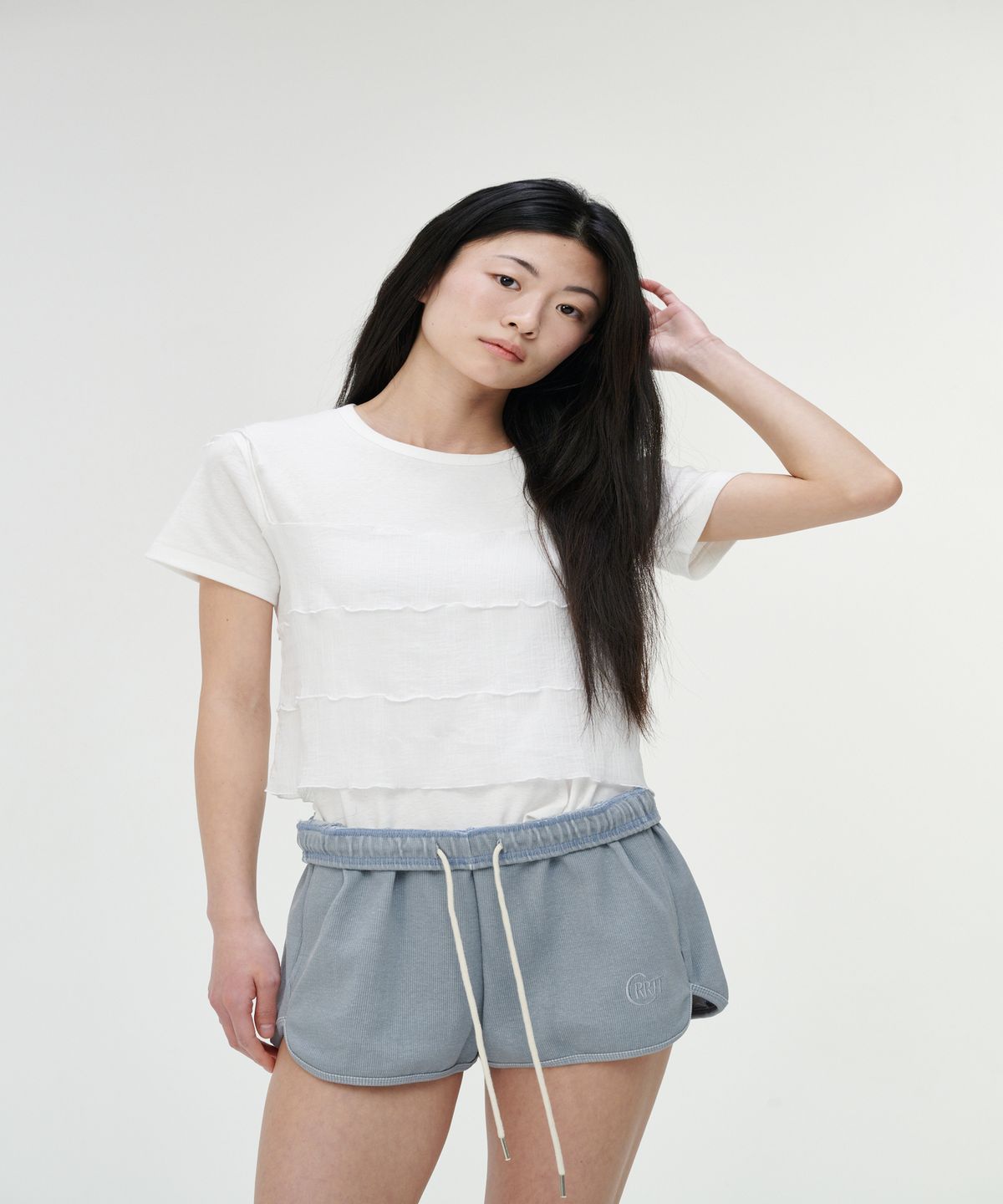 까롯(CARROTTE) Pigment Ribbed Logo Shorts, Dusty Blue