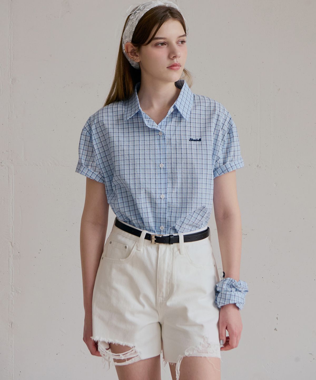 슬로우롤리(SLOWLOLLI) [스크런치 set] Ours check shirt_2 Colors