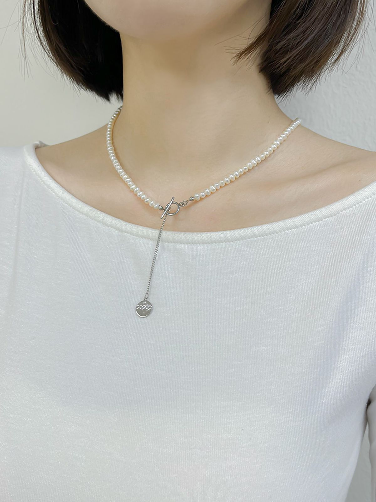 소수(SOSOO) Natural Pearl Drop Chain Toggle Necklace