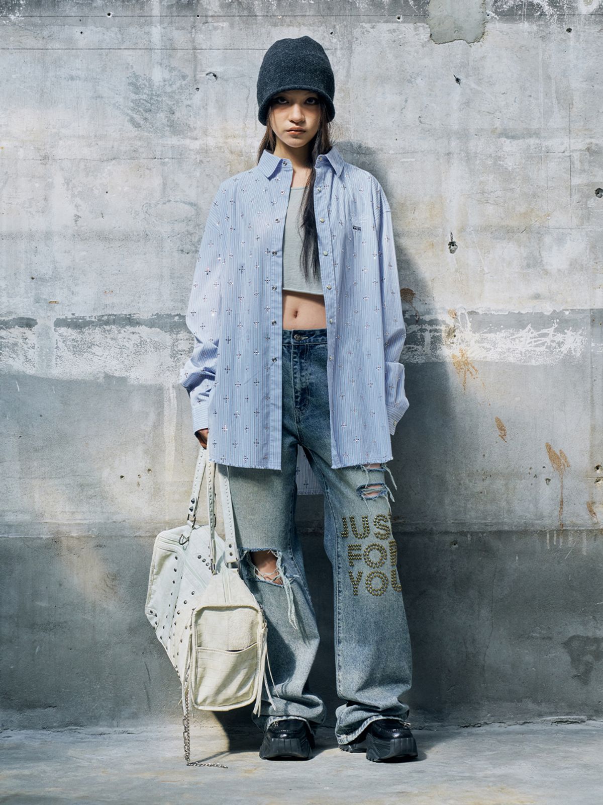 와이이이엘(YEEL) RHINESTONE STRIPED OVERSHIRT BLUE