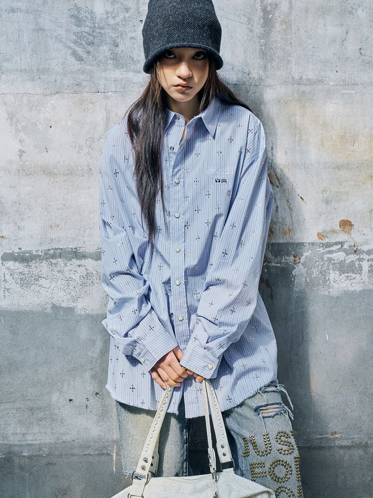 와이이이엘(YEEL) RHINESTONE STRIPED OVERSHIRT BLUE