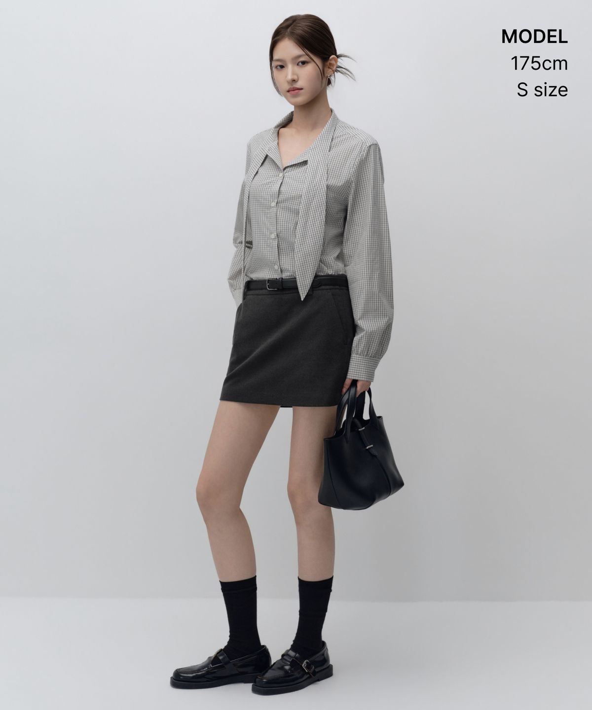 무신사 스탠다드 우먼(MUSINSA STANDARD WOMAN) 우먼즈 체크 타이 블라우스 [아이보리/다크 그레이]