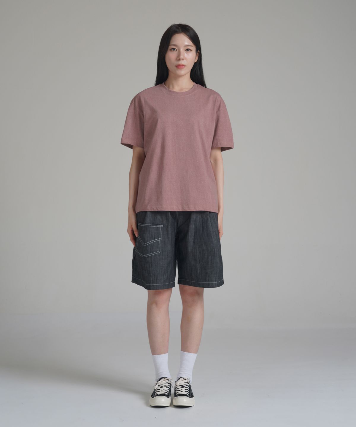 노밍(NOMING) 루즈핏 크롭 피그먼트 숏 슬리브 - 버건디