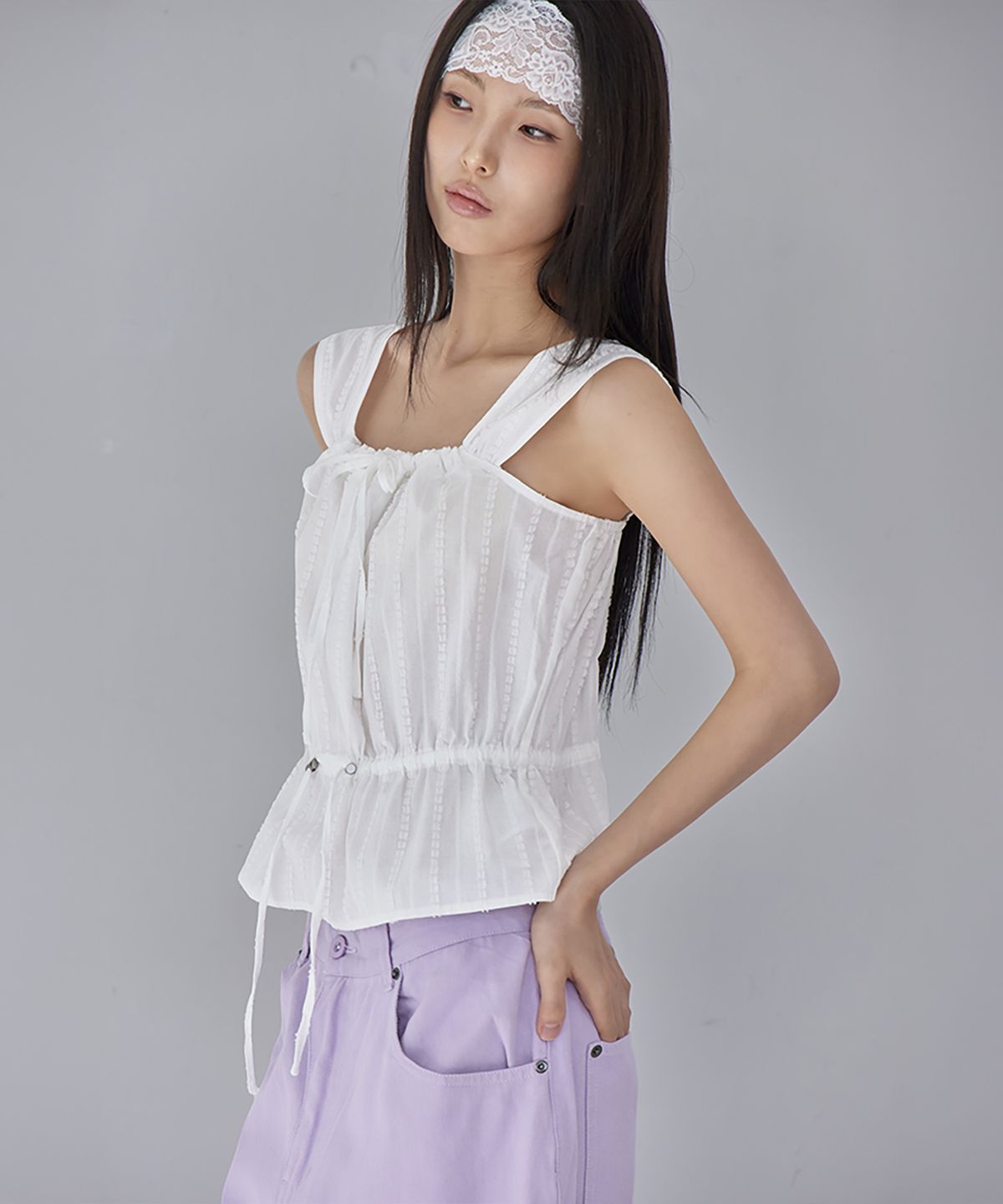 런던다다(LONDONDADA) Shirring Sleeveless Blouse, WHITE