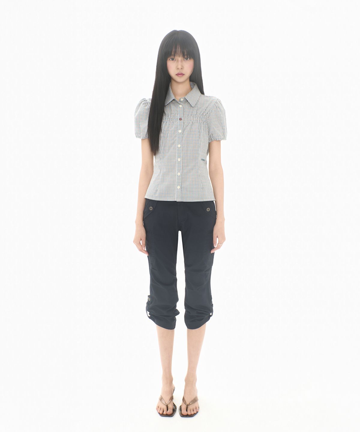 미레코(MIRECO) MINI CHECK SHIRRING SHIRT TURQUOISE