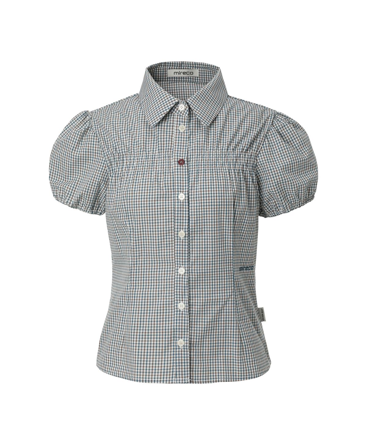미레코(MIRECO) MINI CHECK SHIRRING SHIRT TURQUOISE