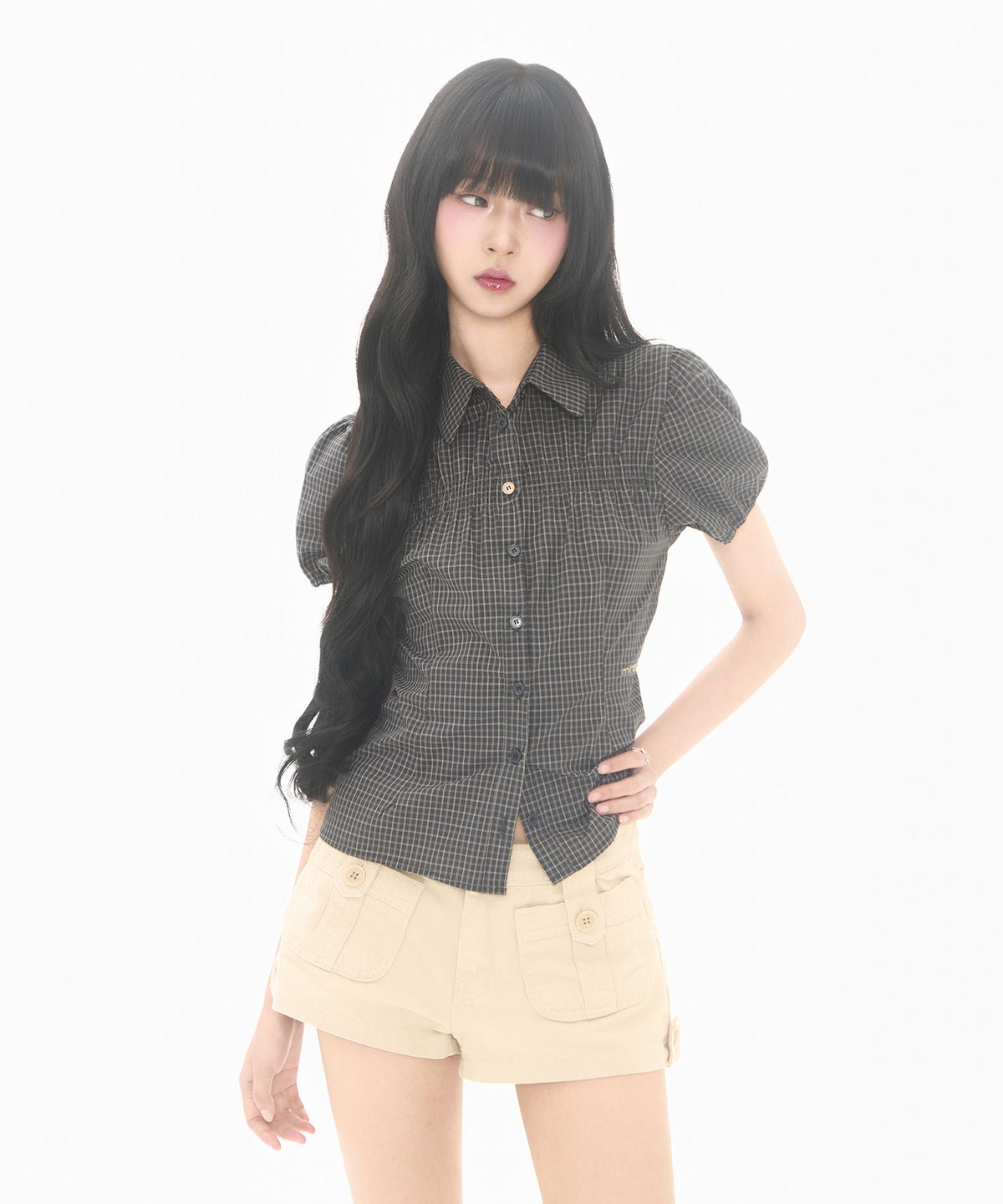 미레코(MIRECO) MINI CHECK SHIRRING SHIRT BLACK