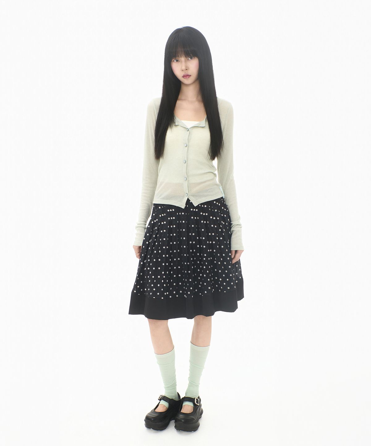 미레코(MIRECO) DOT PLEATED SATIN SKIRT BLACK