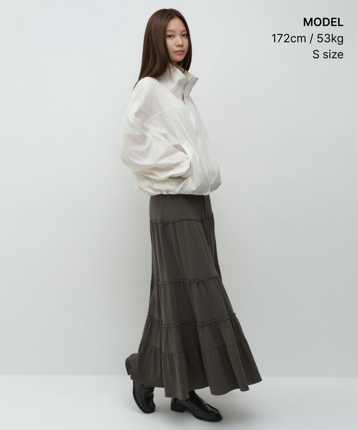무신사 스탠다드 우먼(MUSINSA STANDARD WOMAN) 우먼즈 저지 티어드 롱 스커트 [카키 브라운]