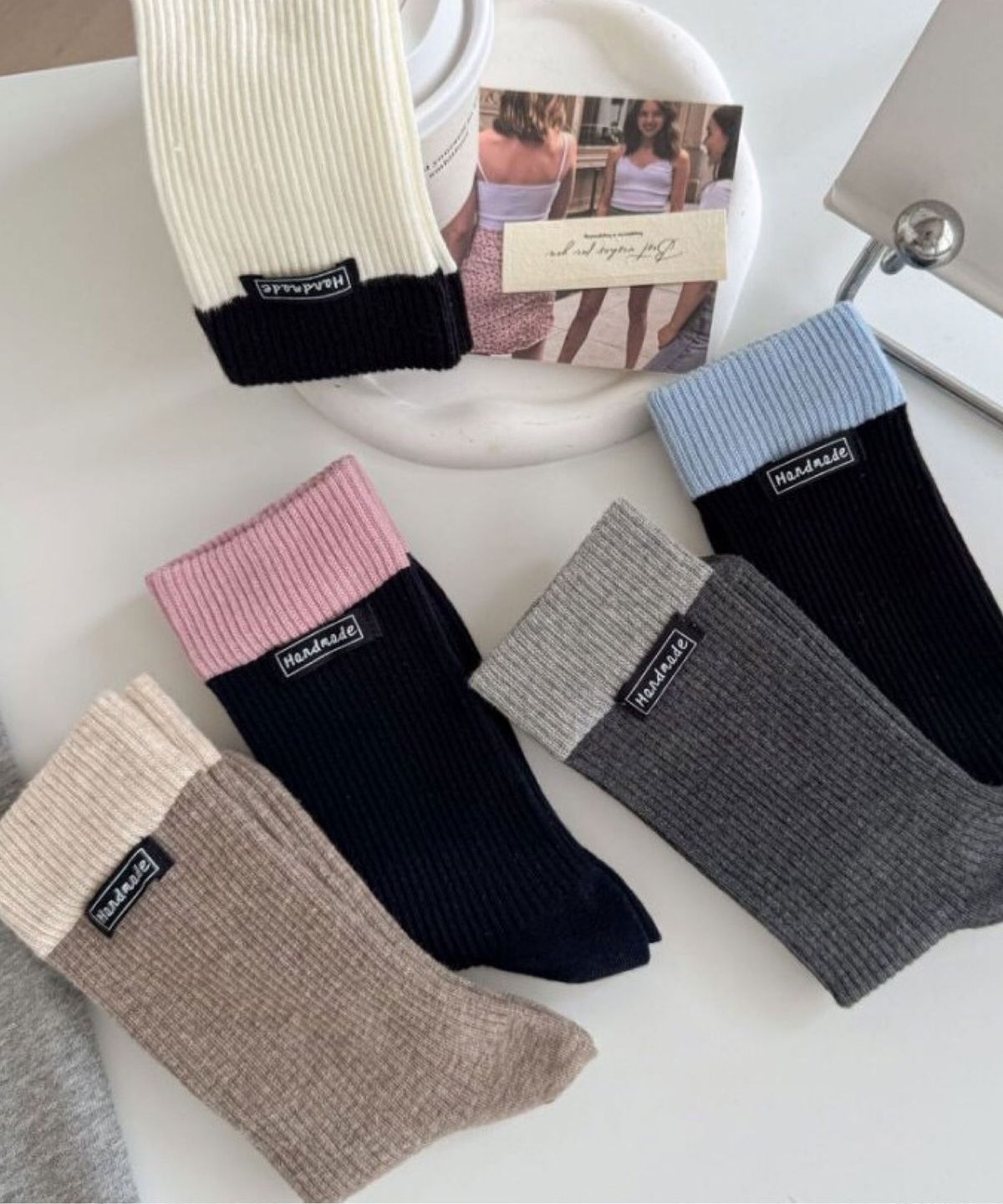 엔젤삭스(ANGEL SOCKS) [2개 세트] 1336 투톤 면 파스텔 면 골지 컬러 양말 PINK SOCKS