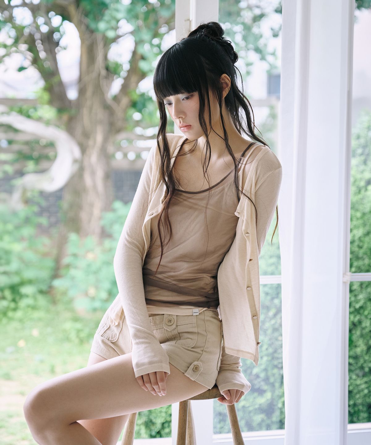 미레코(MIRECO) SOFT MESH LAYER CAMI NUDE MOCHA