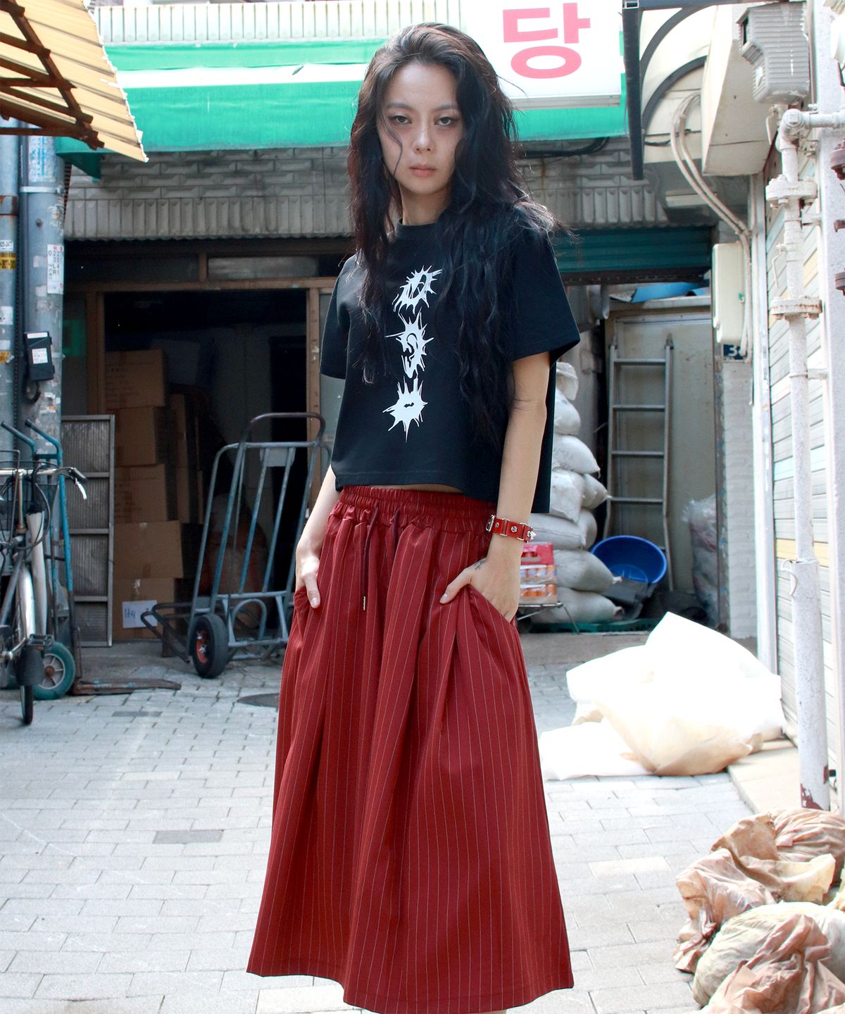 드마크(DEMARC) Real wide two tuck stripe bumuda pants - burgundy
