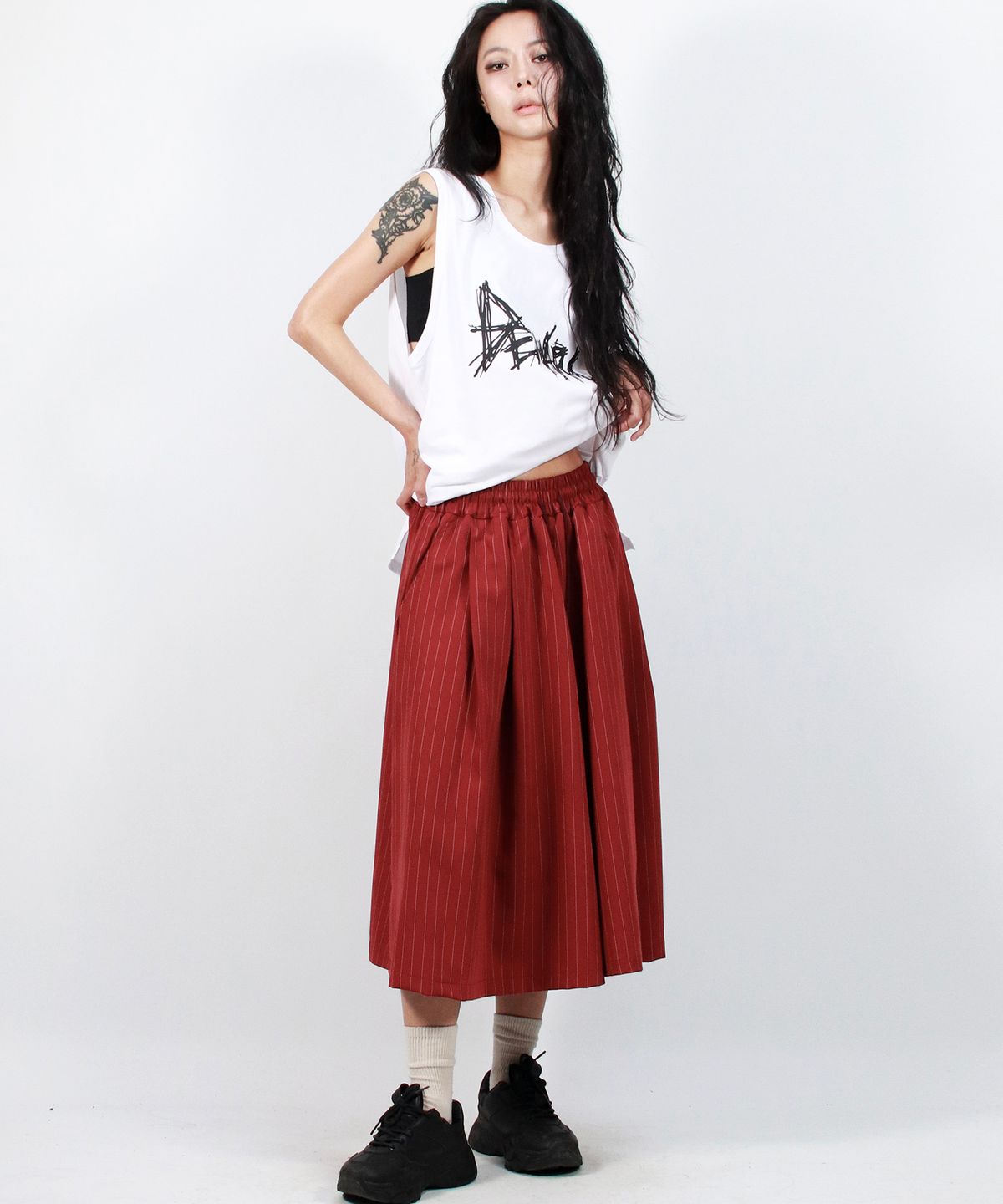 드마크(DEMARC) Real wide two tuck stripe bumuda pants - burgundy