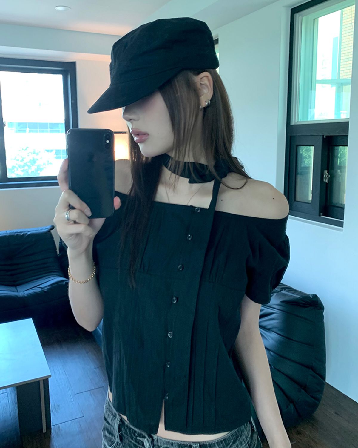 해비즘(HAVISM) SCARF SQUARE NECK BLOUSE(BLACK)
