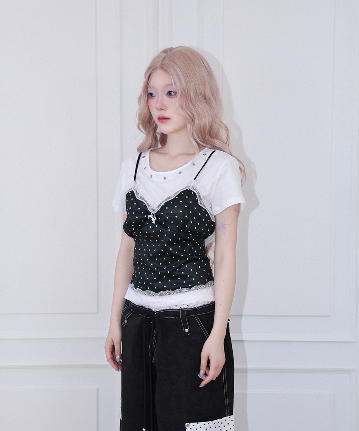 체리퀴리(CHERRYQUIRI) dot cami layered top - white