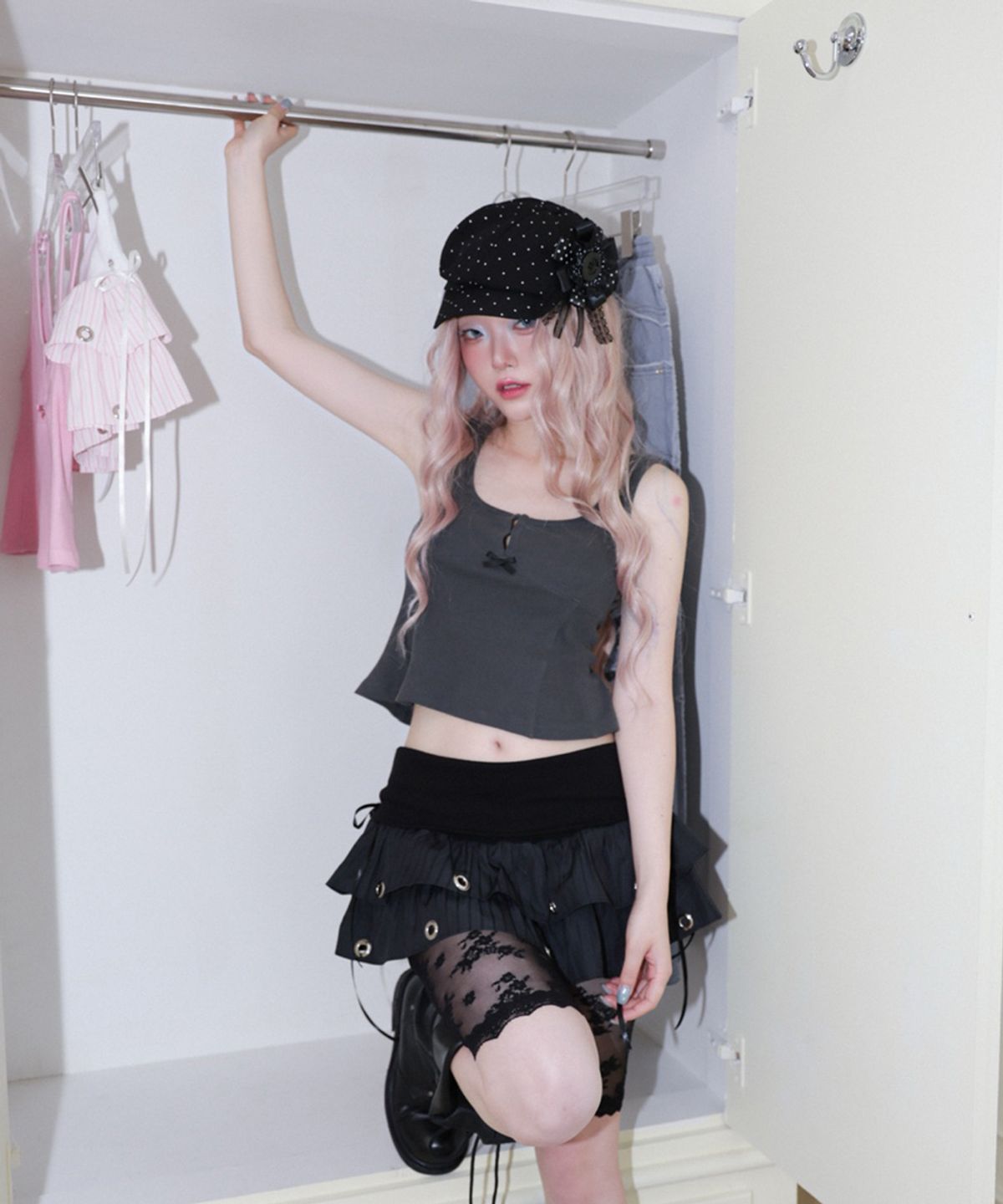 체리퀴리(CHERRYQUIRI) hook line sleeveless - washed charcoal