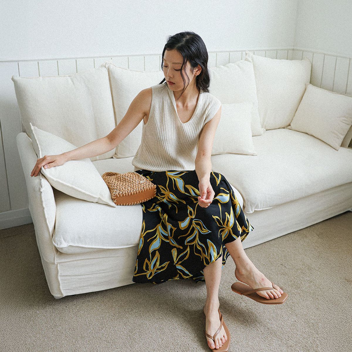 랭썬(LANGSON) LS_Brush print satin skirt_2color