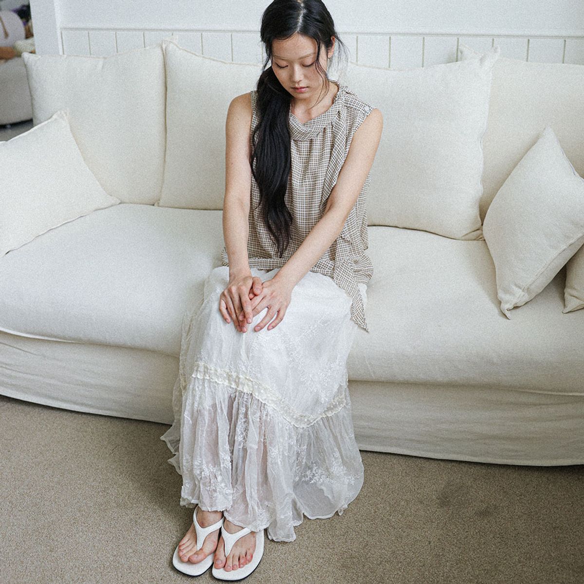 랭썬(LANGSON) LS_Garden embroidery mesh skirt_IVORY