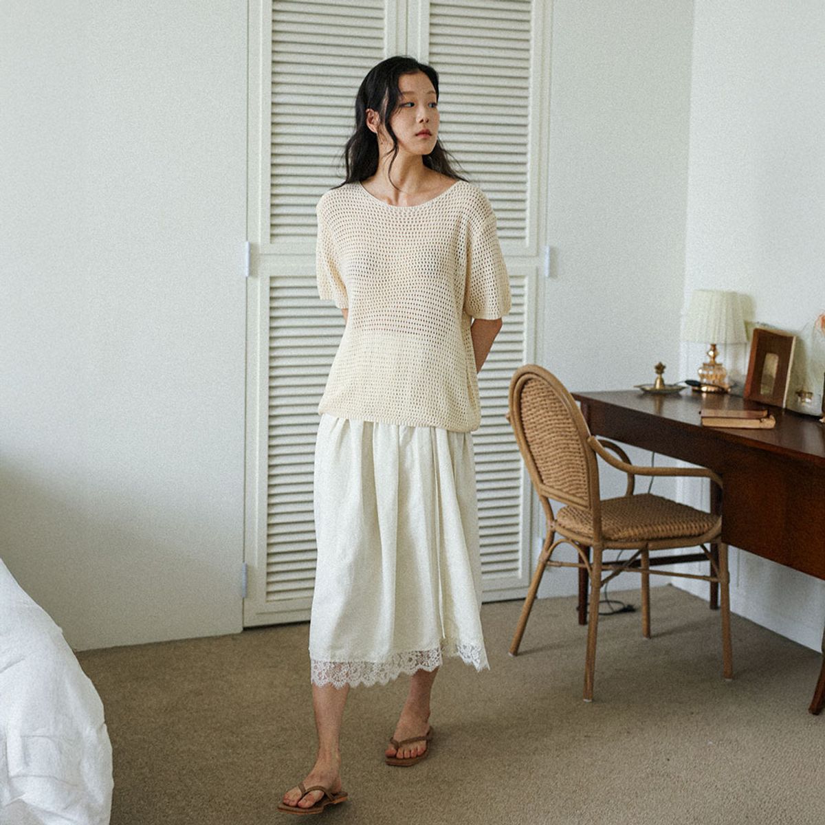 랭썬(LANGSON) LS_Natural crochet knit top_IVORY