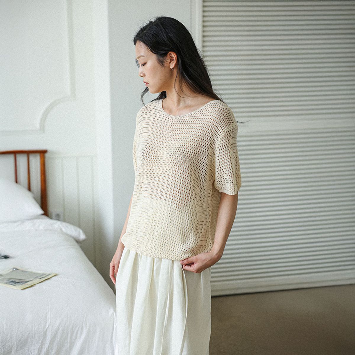 랭썬(LANGSON) LS_Natural crochet knit top_IVORY