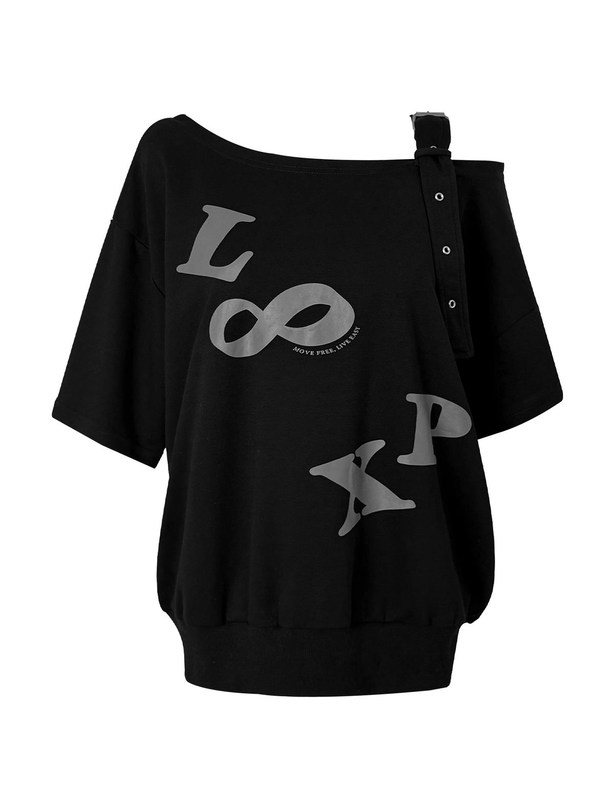 루프(LOOXP) 벨트 버클 오프숄더 오버핏 반팔티 블랙
