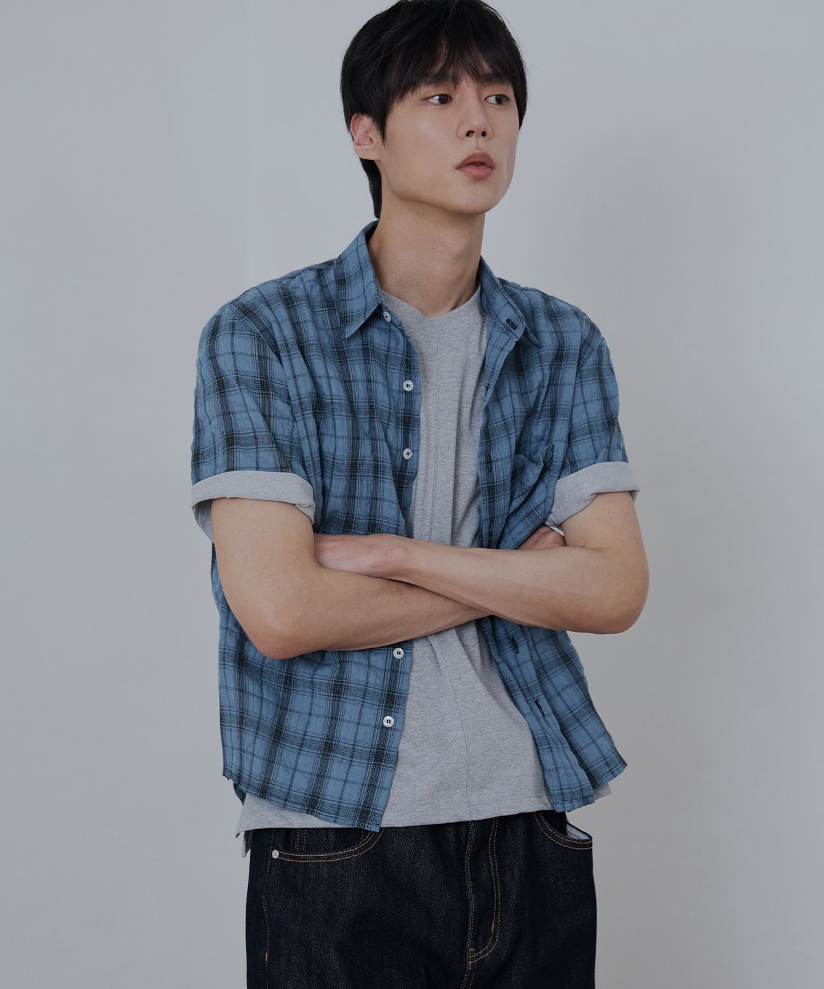 노드유(NODU) 시어서커 체크 크롭 하프 셔츠 [블루]