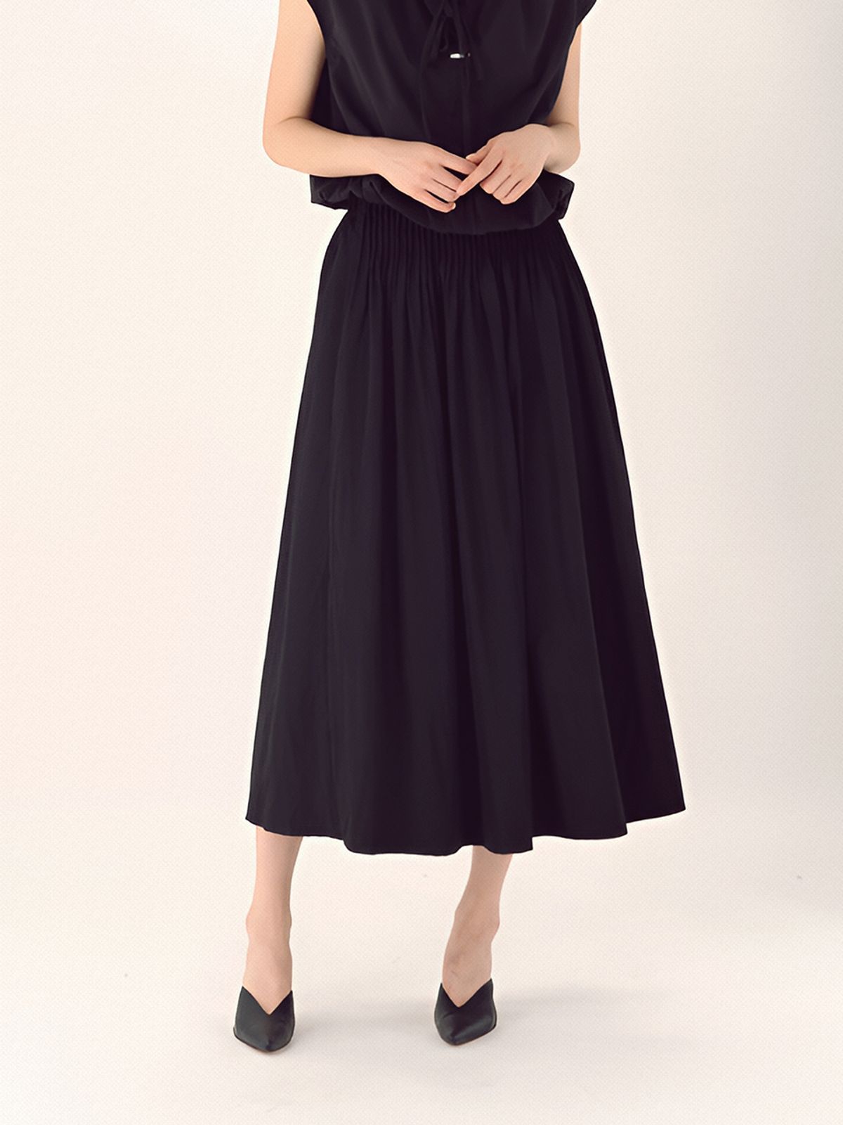 아쿠드(ACUD) Pin Tuck Flare Banding Skirt _Black